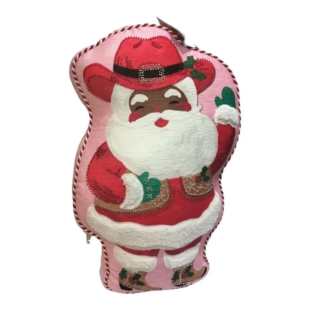 Isaac Mizrahi Christmas embellished festive cowboy western Santa pink pillow new